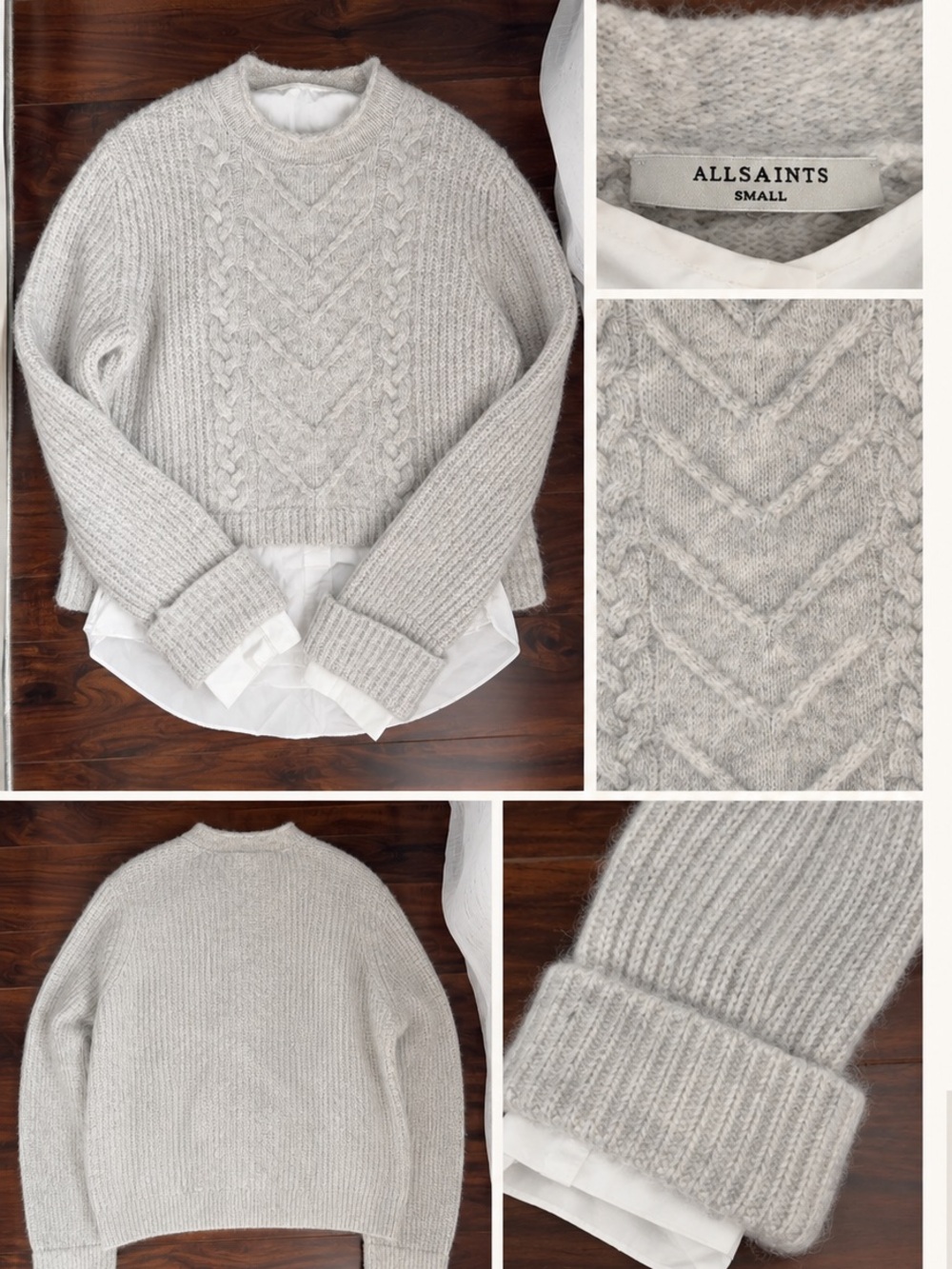 AllSaints Light Gray Cable-Knit Crew Sweater - Picture 2 of 2